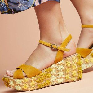 NEW ANTHROPOLOGIE Floral-Embellished Wedge Sandals